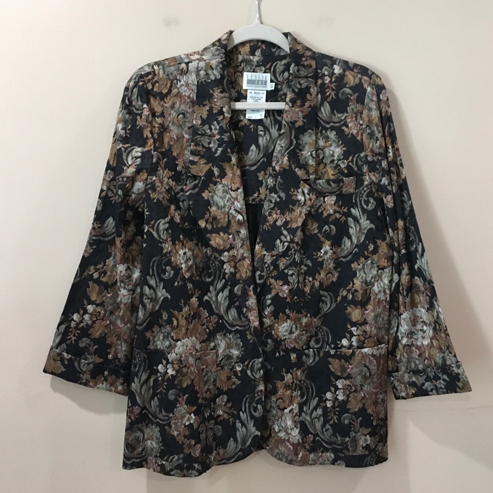 VTG Classics by Leslie Fay Jacket Women 10 Black Brown  Floral Boho Cottagecore
